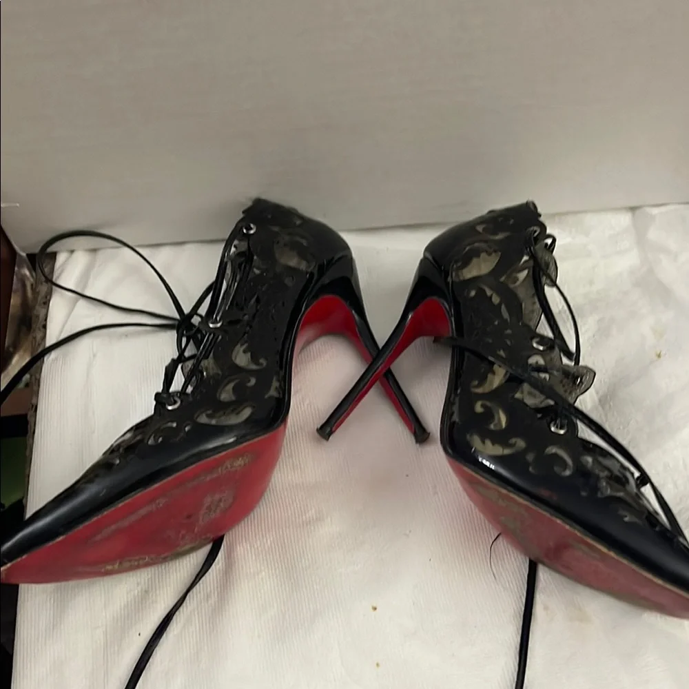 Christian Louboutin Black Patent Lace-Up Laser-Cut Pointed-Toe Pumps